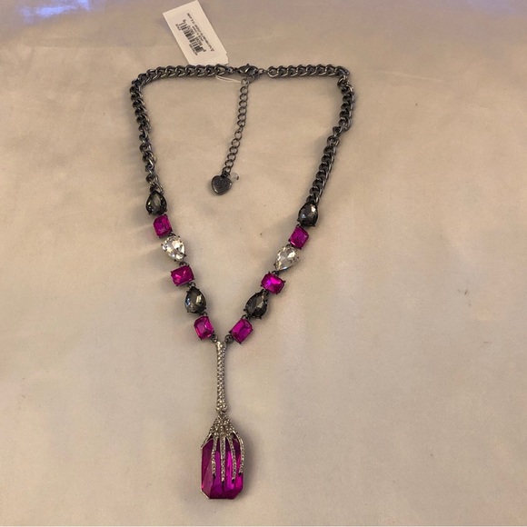 Betsey Johnson Gun Metal Tone Skeleton Hand Y Drop Pendant Necklace Crystal NWT - Picture 3 of 14